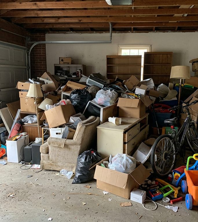 Two-car garage before cleanout: piled with furniture, bikes, boxes, bags and toys