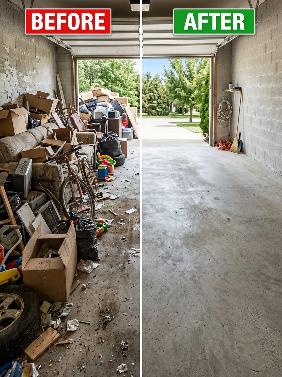 Before and after of a one-car garage: on the left packed with boxes, a couch and a bike, on the right completely empty